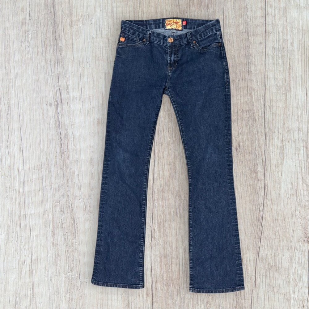 DEAR JOHN Zodiac Flare Leg Trouser MidRise Stretch Dark Wash Denim Jeans Size 27